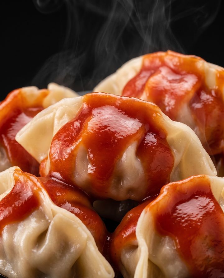 Close-up of Holy Dumplings with smooth glossy red sauce